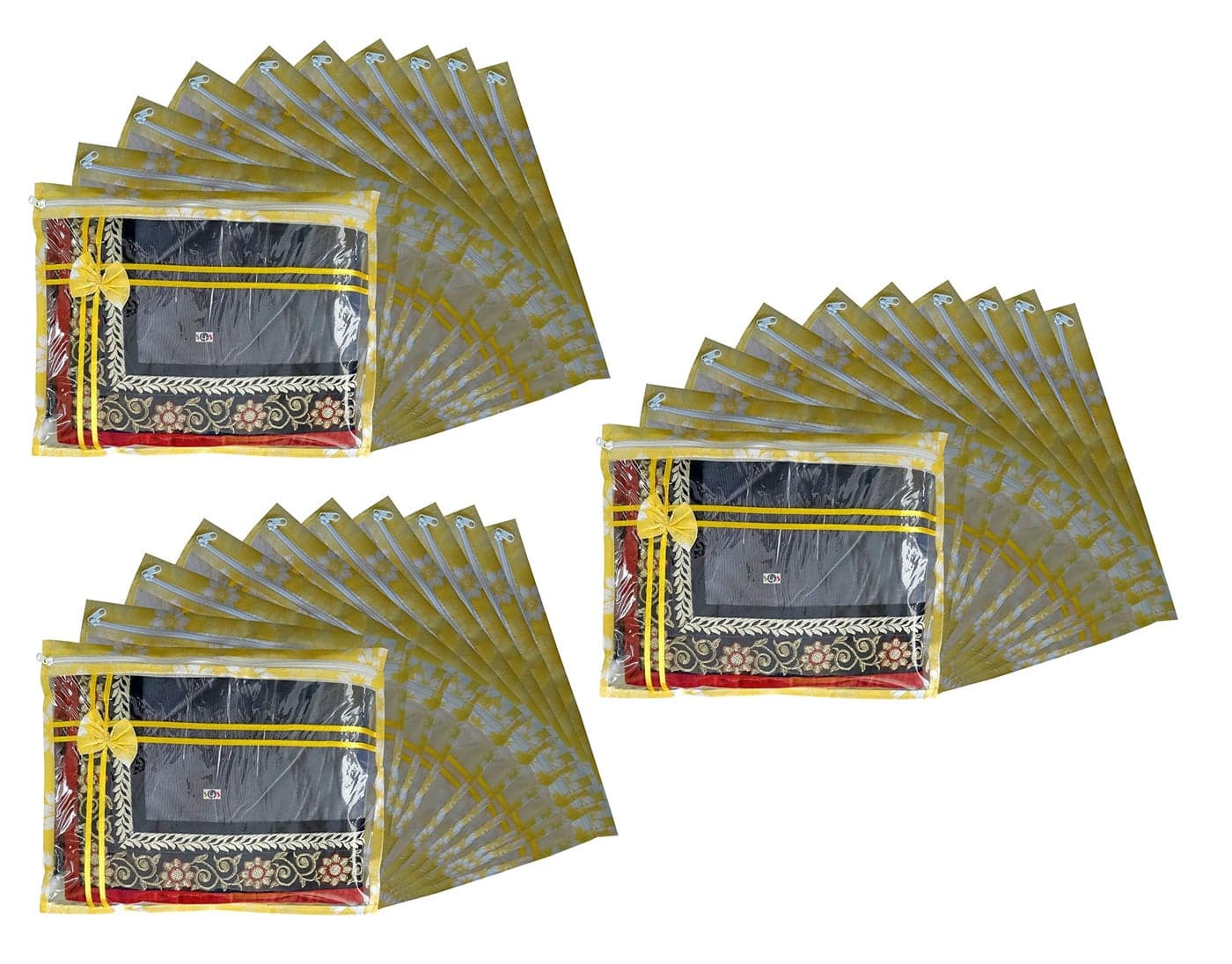 S4S Set of 30 Pcs Flower Design Non Woven Single Saree Cover Packing Bag with Zip Combo (Yellow)