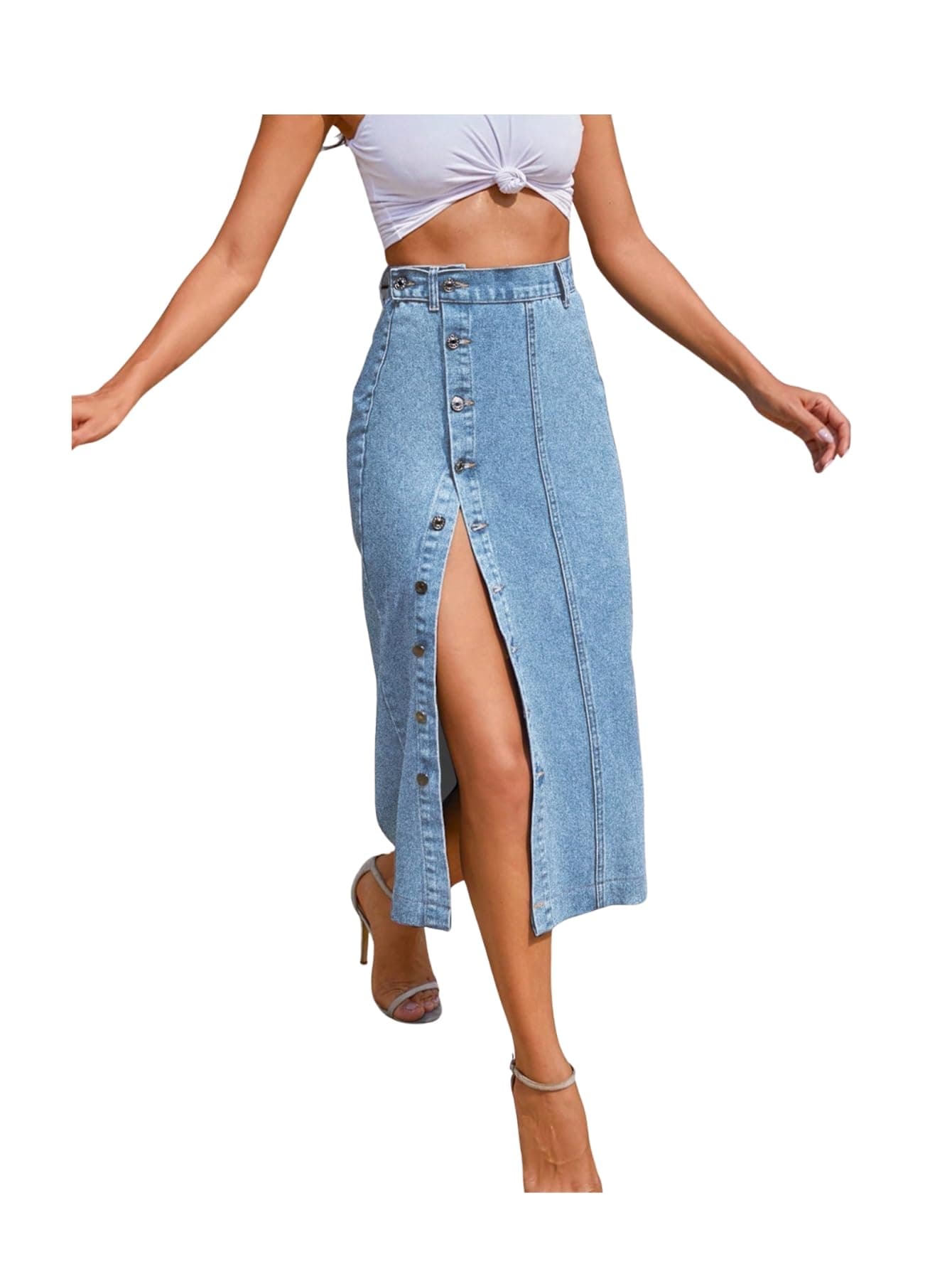 Aahwan Blue Solid Midi Denim Pencil Front Button Side Slit Skirt for Women's & Girl's(338_Blue-26)