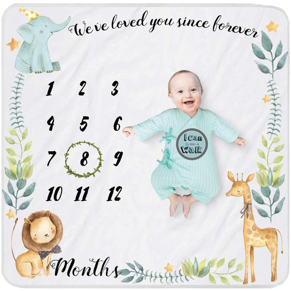 Yoothy Safari Baby Milestone Blanket for Boy Girl Gift for Baby Shower Photo Blanket Wreath 12 Stickers Included Soft Flannel Elephant Lion 40x 40