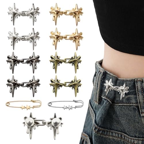 ROPAKED 10 Set Pant Waist Tightener Star Buttons Pins for Loose Jeans Reusable Waist Cincher Clip Metal Brooch for Women Clothing Dresses Skirts No Sewing Decoration Accessories