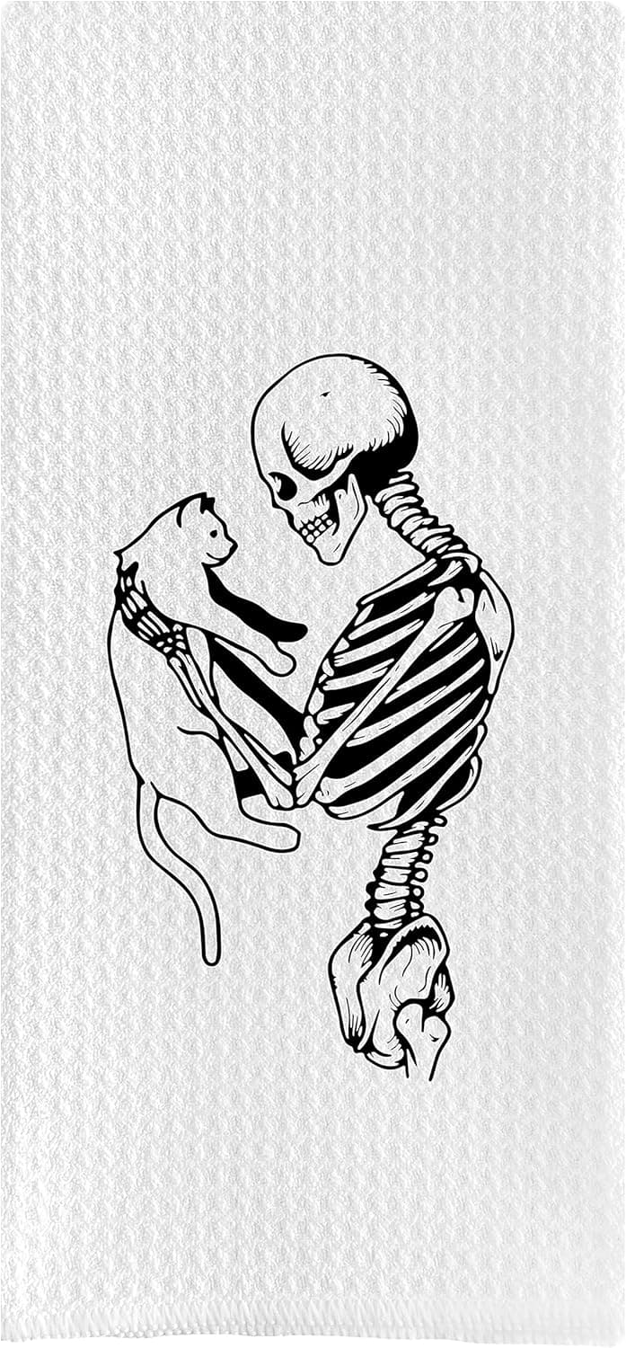 DOTAIN Halloween Skeleton and Cat Waffle Weave Kitchen Dish Towel Cloth Decor Halloween Kitchen Towels 24x16inch