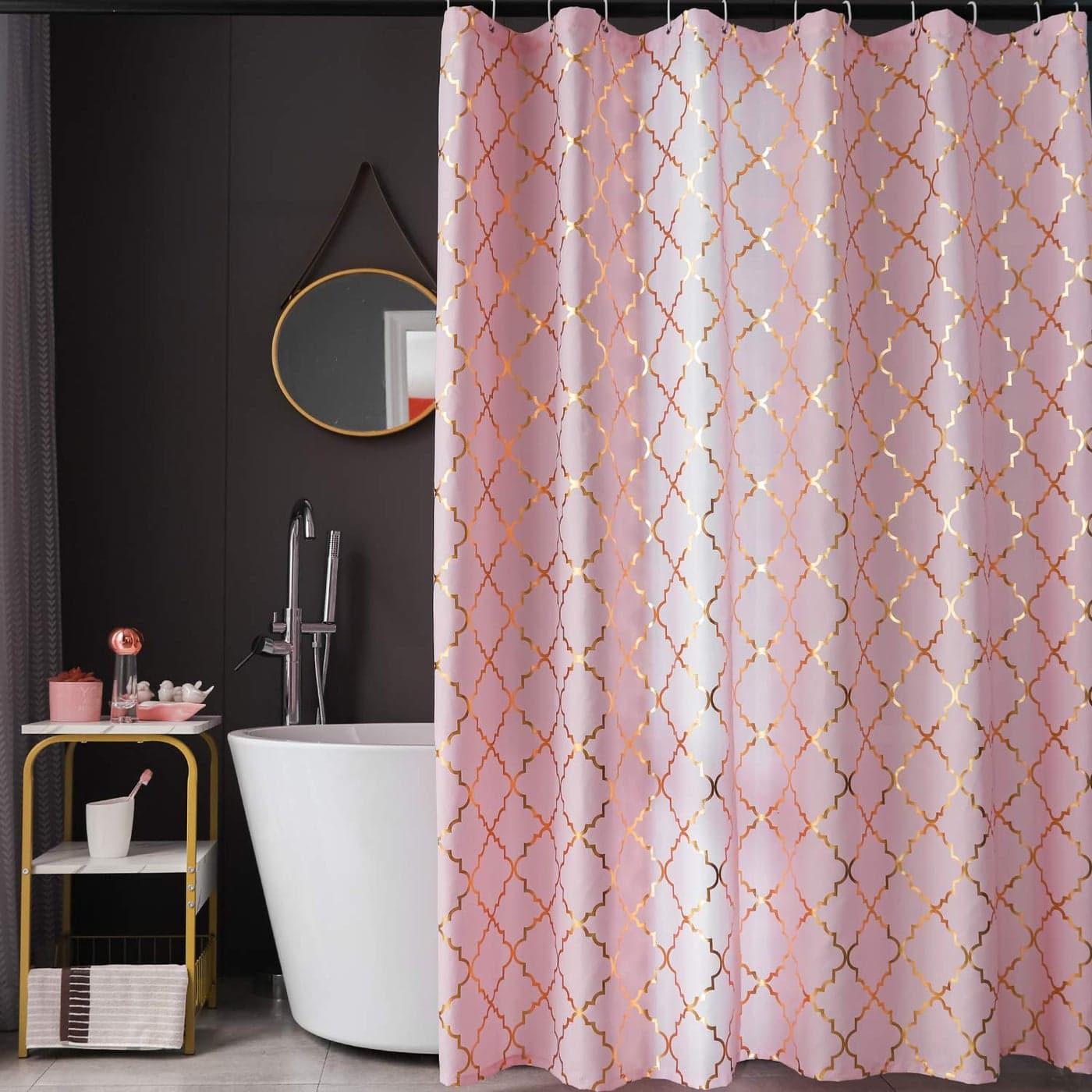 FINECITY Geometric Shower Curtain Set Metallic Gold Foil Moroccan Lattice Pattern Printed on Soft Fabric Grommet Top Shower Curtain with 12 Hooks 72 x 72 Inch Pink and Gold