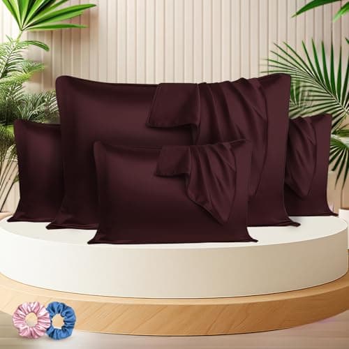 SITTELLA® 72x46 cm Set of 4 Satin Silk Pillow Covers | 600 TC Soft Pillowcase for Hair & Skin | Envelope Closure | Brown |2 Free Scrunchie Included