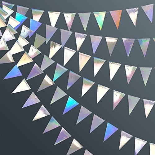 40Ft Iridescent Party Decorations Holographic Hanging Triangle Pennant Banner Flag Bunting Garland for Graduation Birthday Anniversary Engagement Wedding Bridal Baby Shower Disco Hen Party Supplies