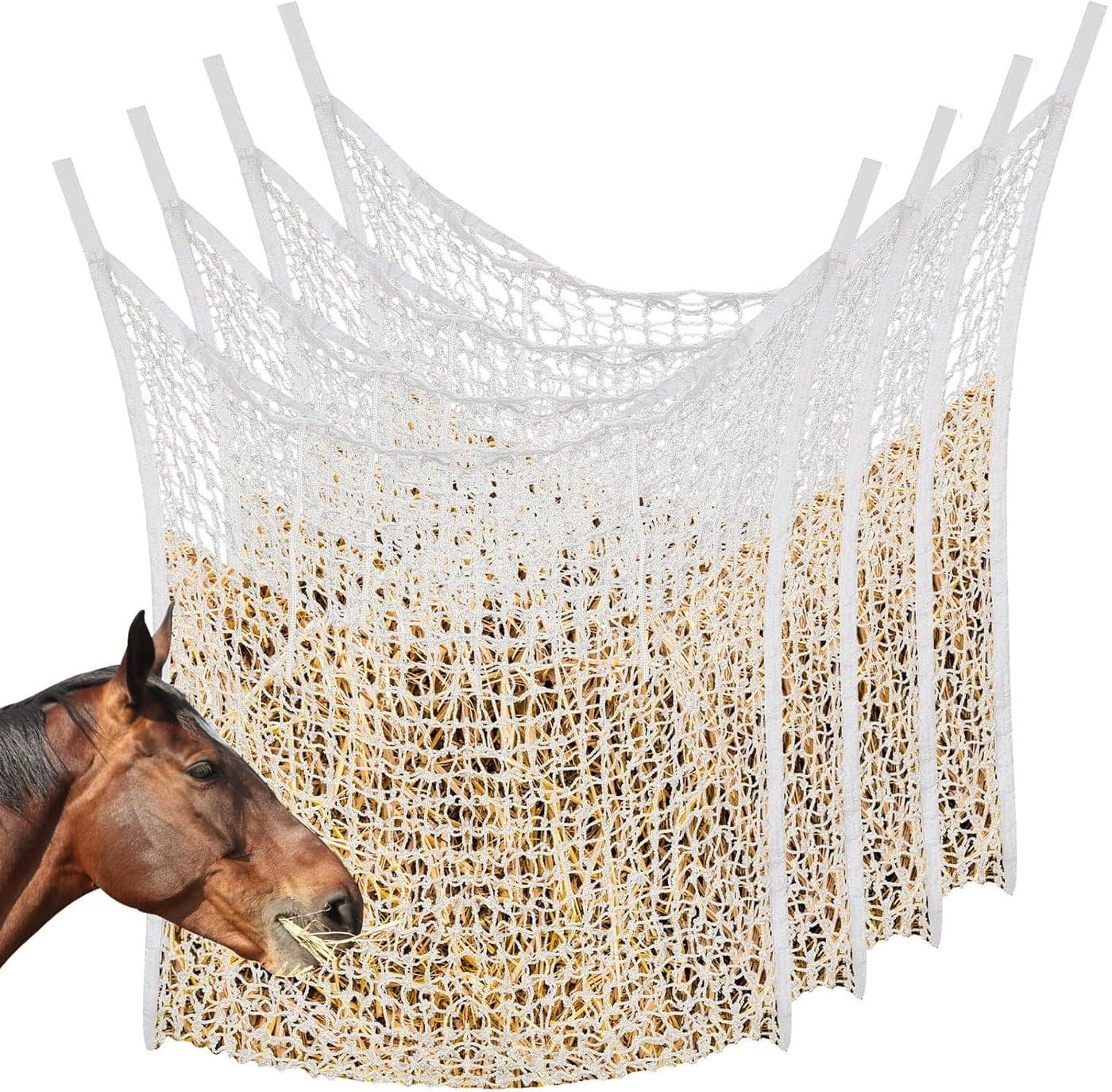 Riakrum 4 Pcs Hay Net White Slow Feed Hay Net Bag Hay Bags for Horses 35 x 31 Inch Horse Feed Bag Horse Feeding Supplies for Horse Feeder Full Day Feeding Horses Goat Stall Trailer