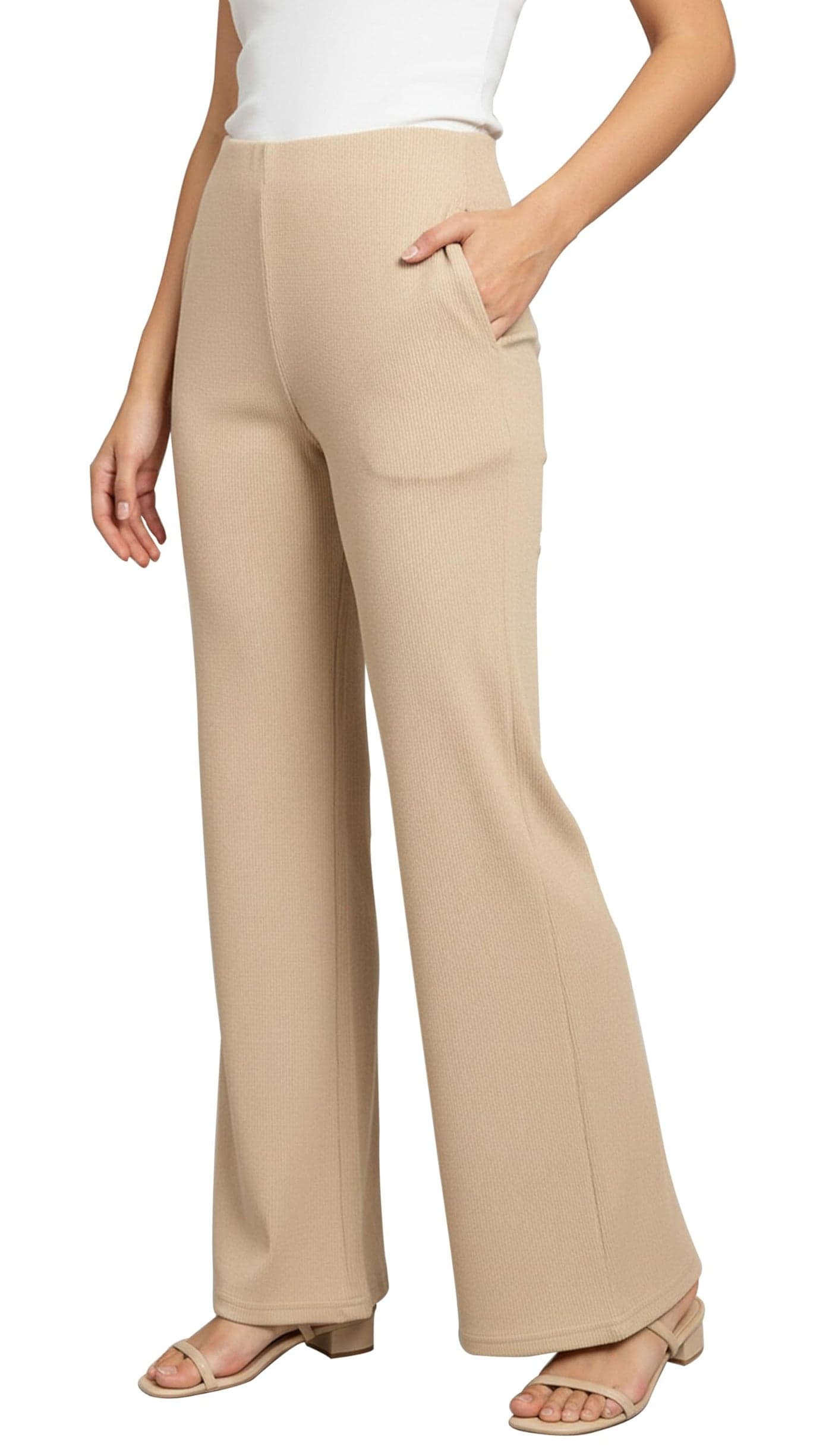 Mehrang High Waisted Wide Leg Ribbed Knit Trousers with Pockets | Casual and Stretchy Pants | for Women (in, Alpha, M, Regular, Cream)