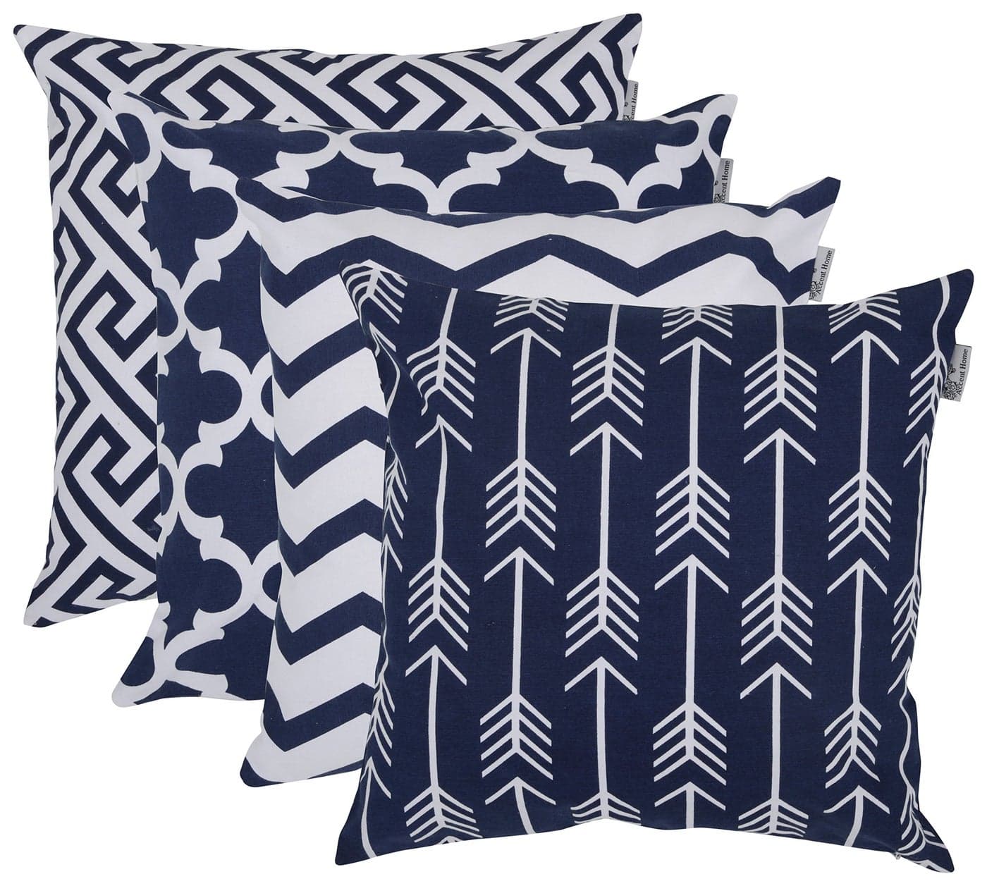 ACCENTHOME Printed Pillow Covers Set of 4 Decorative Square Throw Pillow Cover Indoor Outdoor Cotton Cushion Cases Geometric Design Navy Pillowcases for Home Sofa Bed Couch 18 x 18 Inch