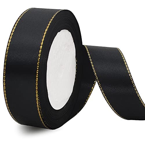 TONIFUL 1 Inch x 25 yds Thin Black and Gold Satin Ribbon with Gold Edges Border Fabric Ribbons for Gift Wrapping Wedding Birthday Cake DecorationHalloween Bow Making Valentines Day Bouquet
