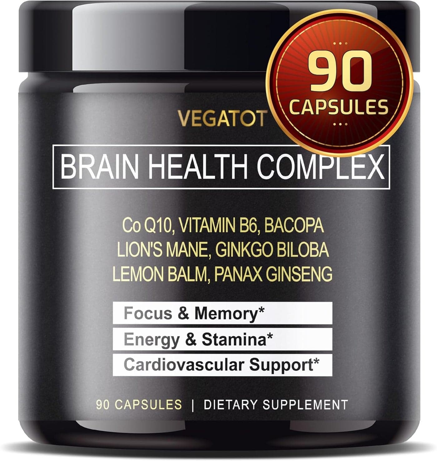 VEGATOT Brain Booster USA Made and Tested Brain Health Complex Supplement Concentrated with CoQ10 VIT B6 Lions Mane Ginkgo Biloba Lemon Balm Ginseng Focus Memory Energy