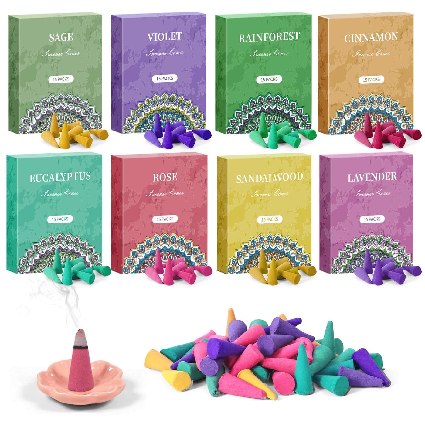 SCENTORINI Incense Cones Incense Cones Scented Assorted Incense Variety Pack Gift Set with Holder Rose Sage Lavender Violet Cinnamon Eucalyptus Sandalwood Rain Forest 120 Cones Total