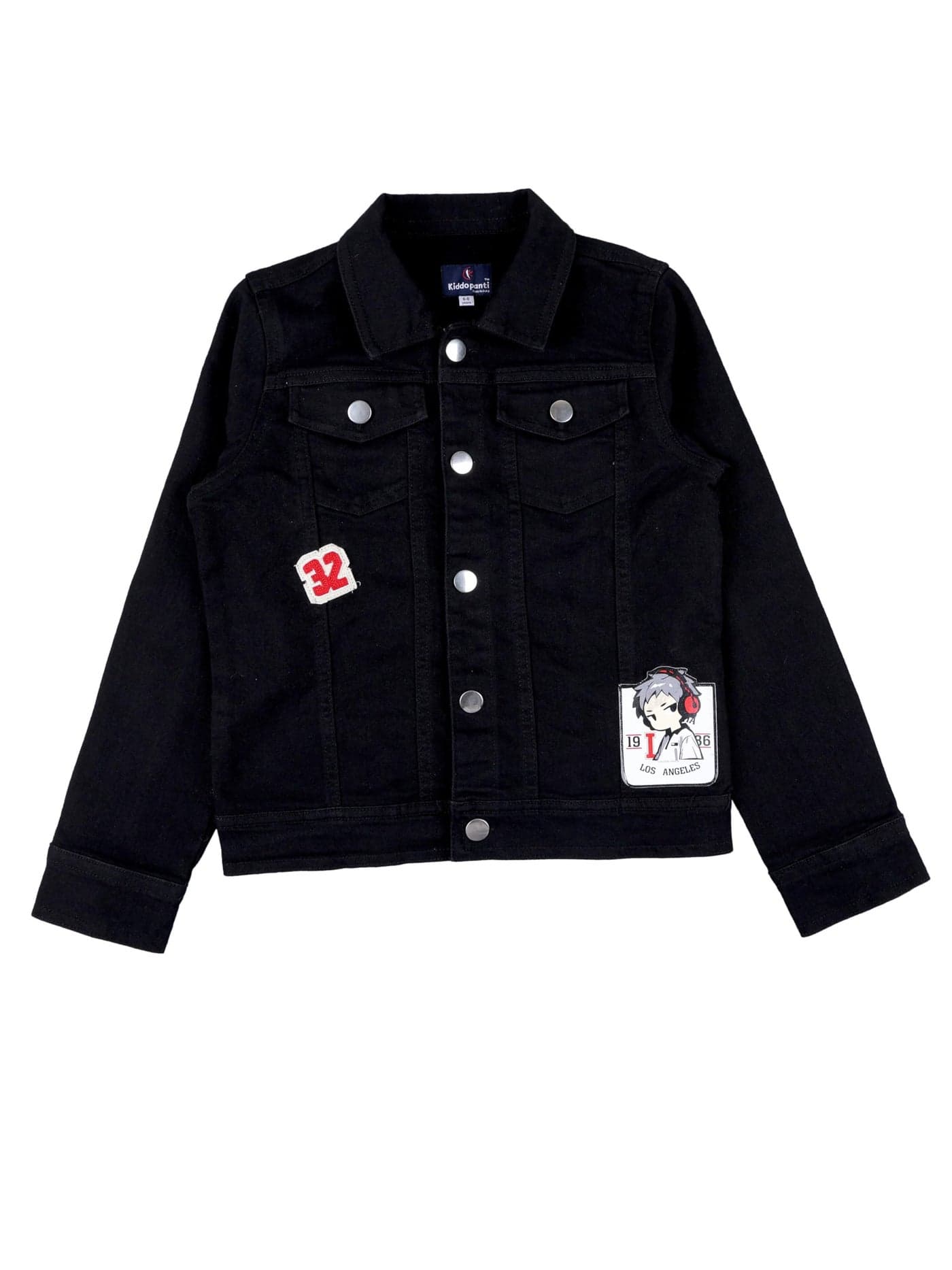 KiddoPanti Boys Denim Jacket With Badges | Cotton Poly Blend with Lycra | Washed Denim, Full Sleeve | Button Closure & Front Flap Pockets | Collared Neck, Black With Badges - 6-8Y