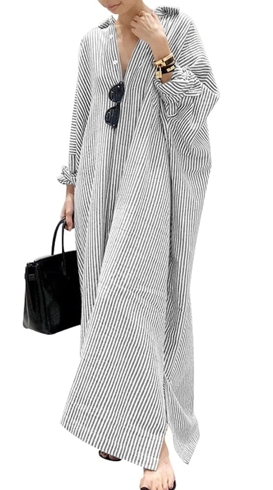 chouyatou Women's Casual Long Sleeve Button Down Loose Striped Cotton Maxi Shirt Dress (X-Large, Grey)