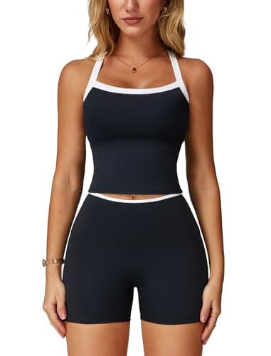 ABOCIW Workout Sets for Women 2 Piece Color Block Longline Sports Bra High Waist Biker Shorts Gym Set Yoga Pilates Outfits Active Wear White Trim Black XSmall