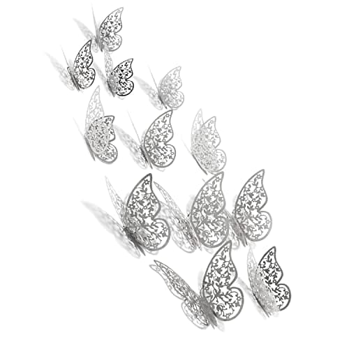 Xtore® 12pcs 3D Gorgeous Shiny Silver Butterfly Stickers with Sticking Pads- (Silver, Set of 12)