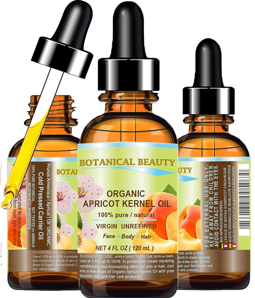 Botanical Beauty ORGANIC APRICOT KERNEL OIL Australian 100 Pure Virgin Unrefined Cold Pressed Carrier Oil 4 oz 120 ml for Face Hair Body Nails Skin AntiAging