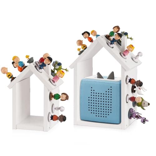 for Tonies Shelf Magnetic for Tonies Figure Organizer Kids Room Wooden Display Shelf for Tonies Box Holder Wall Floating Shelves Toy Storage House Shape Set of 2 with 38Pcs Metal Plate White