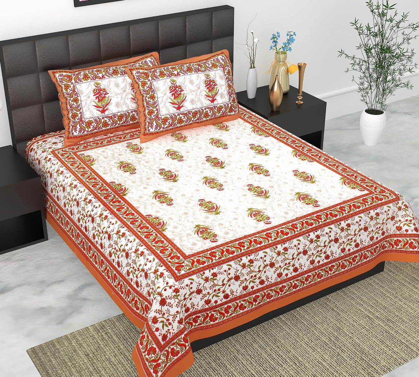 UNIBLISS Cotton Floral Rajasthani Jaipuri Traditional King Size Double Bed Bedsheet with 2 Pillow Covers Jaipuri_Bed20