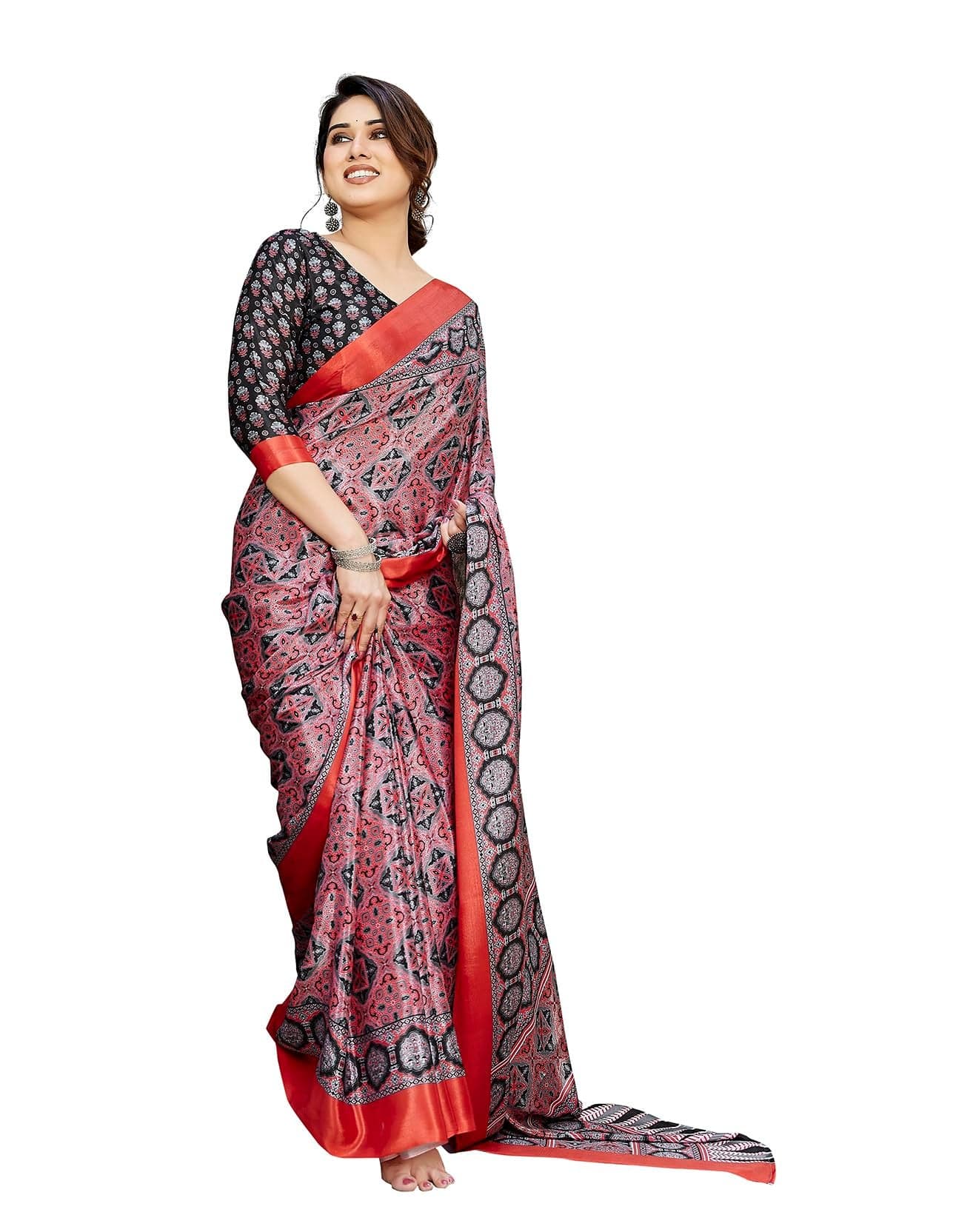 Yashika Women's Malgudi Silk Beautiful Floral Printed Saree | Black Color Saree | Women Sari | Saree