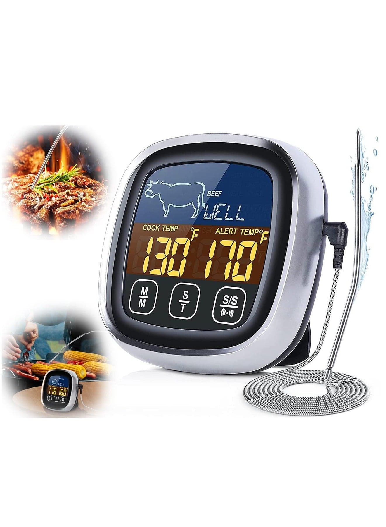 Digital Meat Thermometer for Cooking, Upgraded Touchscreen Large Display Instant Read Food with Backlight, Long Probe, Kitchen Timer, Cooking Oven, BBQ