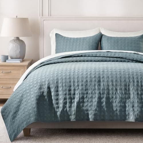 EVERGRACEHOME Windowpane Cotton Sateen Quilt Set Queen Size, Pre-Washed 100% Cotton Coverlet Bedspread, 3-Piece Soft Lightweight Bedding Set with 2 Shams for All Seasons, Sonoma Blue