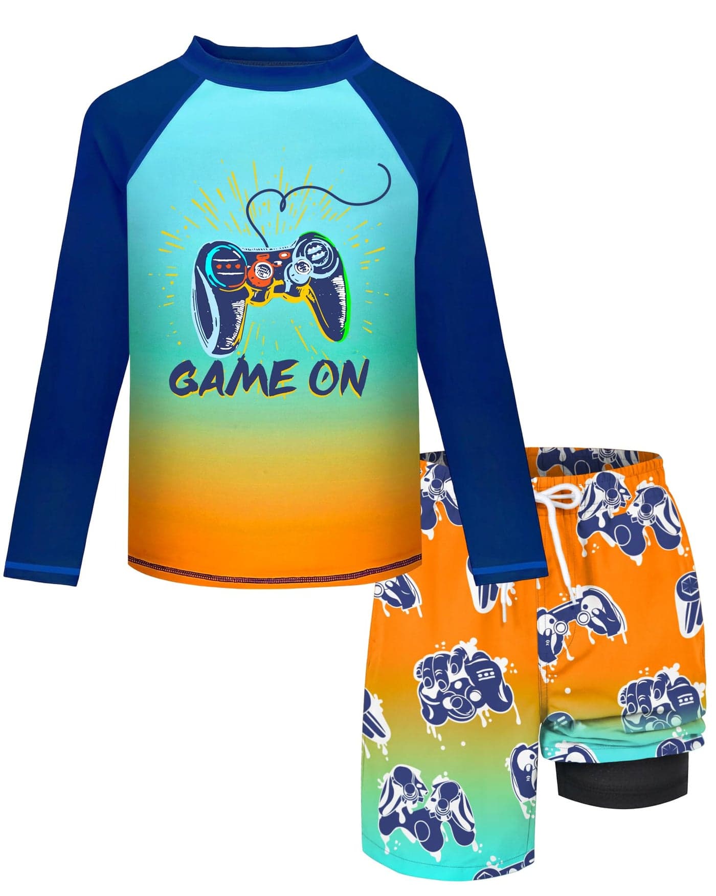 Boys Rash Guard Swim Set with Swim Trunks Bathing Suit Long Sleeve Swim Shirt Quick Dry Swimsuit Kids Gamepad Swimwear Size 7