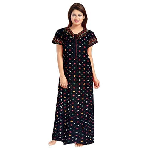 NEGLIGEE Nighty for Women Cotton Printed Maxi Gown Ankle Length Nighty Night Dress Gown for Women Maxi - Free Size (Free Size, Black)
