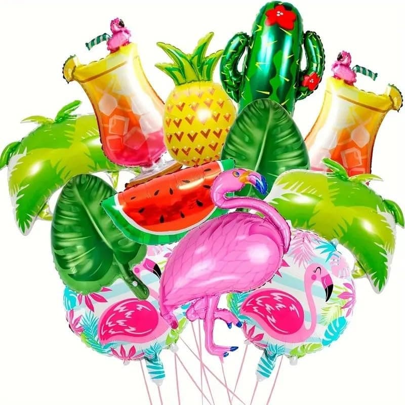 Atpata Funky 12pcs Tropical Theme Foil Balloons Combo Flamingo Cactus Palm Trees Watermelon Pineapple Cocktail Glasses Leaves for Luau Hawaii Aloha Summer Birthday Kitty Party Decorations