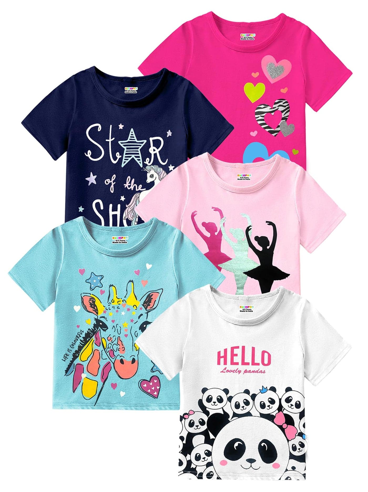 Kuchipoo Girls Regular Fit Half Sleeves Cotton T-Shirts (KUC-TSHRT-439K, 11-12 Years, Multi-Colored)