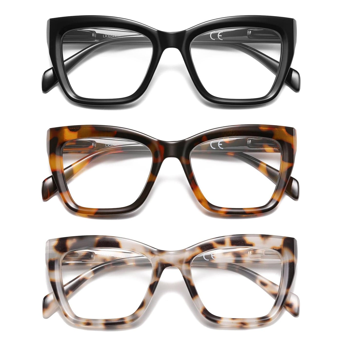 LKEYE Oversized Reading Glasses For Women Men Cat Eye Oprah Style Blue Light Blocking Computer Square Reader Designer Ladies Large Frame Fashion Spring Hinge Cute Eyewear LK6085 3 Pack 150 X
