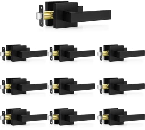 Plustool 10 Pack Matte Black Door Handles, Passage Door Levers for Hall & Closet, Interior Door Knobs Heavy Duty Square Non-Locking Handlesets (2.0lb), Reversible for Left & Right Sided Doors