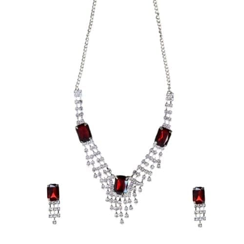 ACCESSHER Silver Plated Red Stone Necklace | Latest Stylish Pendent for wedding, party, special occasions for Women & Girls (Ruby Red)