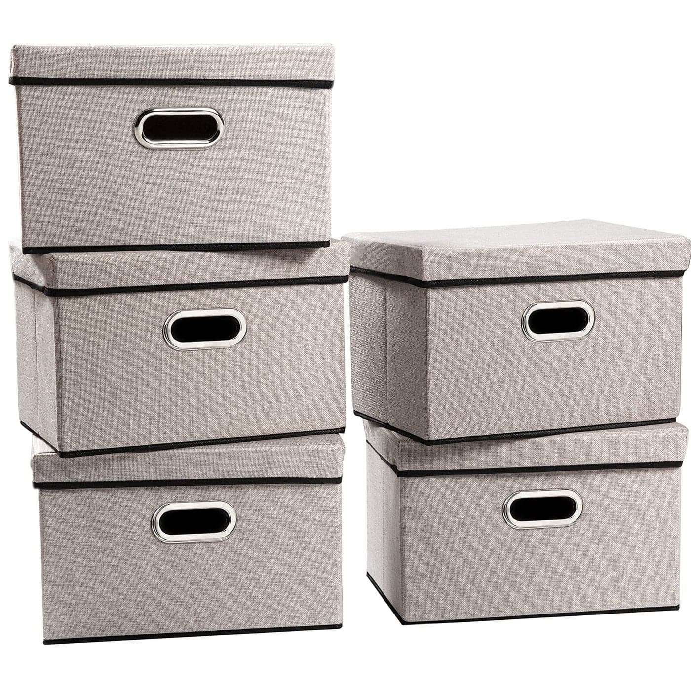 PRANDOM Foldable Storage Bin with Lid 5Pack Linen Fabric Decorative Storage Box Organizer Container Basket Cube with Handles Divider for Closet Office Living Room Light Grey149x98x98
