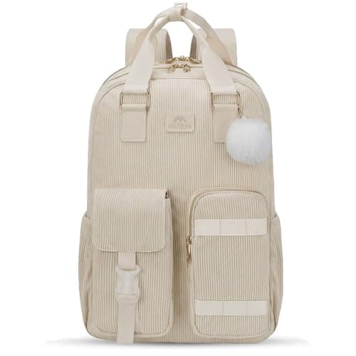 MATEIN Backpack for Teen Girls 156 Inch Cute Corduroy Laptop Backpack Aesthetic College School Bookbag with Luggage Strap TSA Lightweight Soft Kawaii Travel Backpacks for Women Nurse Beige
