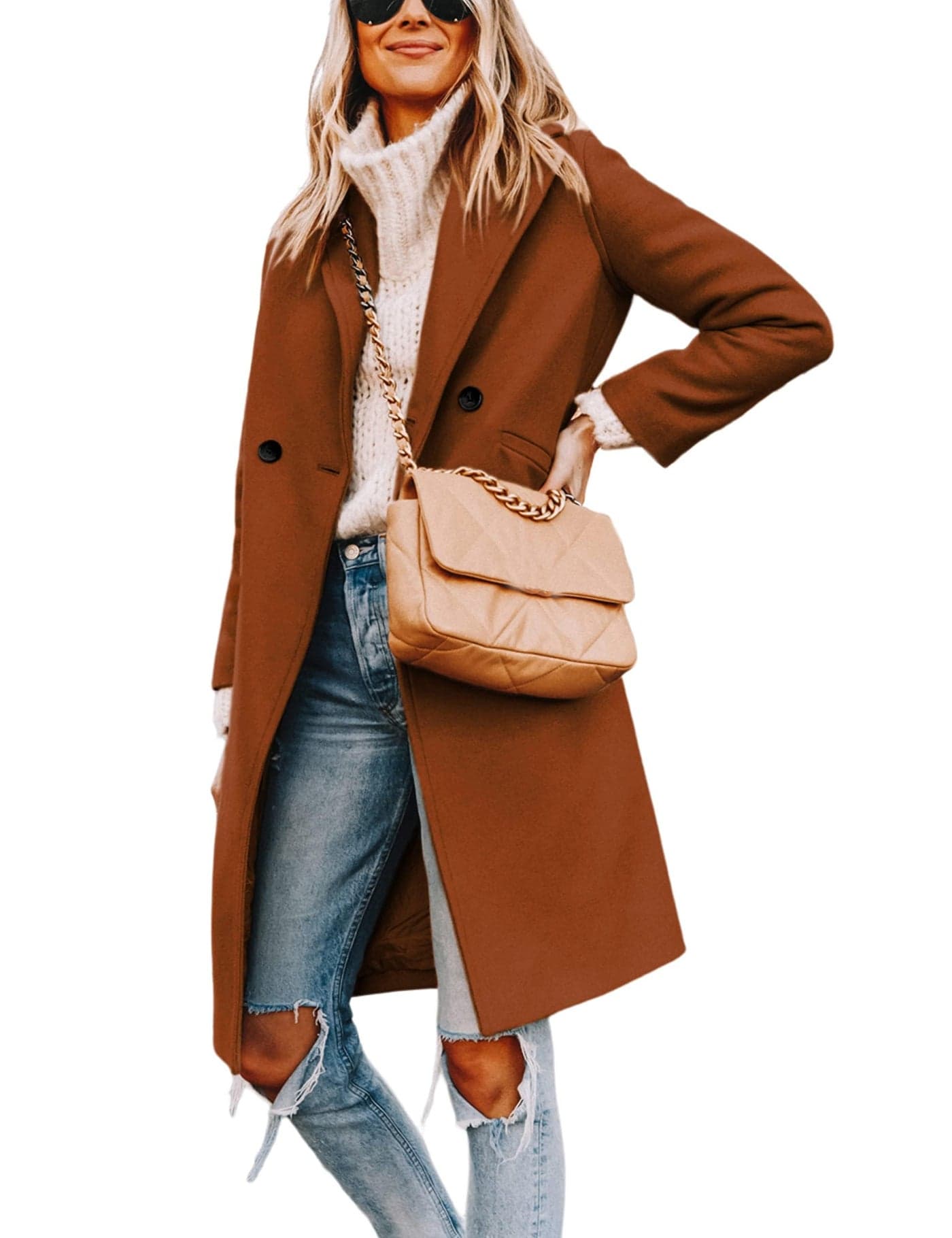 Hooever Womens Winter Wool Coat Casual Notch Lapel SingleBreasted PeacoatCaramelXL