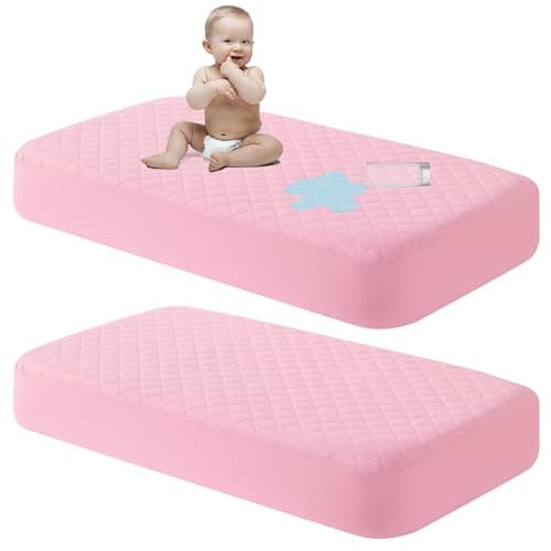 NTBAY 2 Pack Waterproof Mini Crib Mattress Protector Quilted 24x38 Fitted Mattress Cover Machine Washable Soft Baby Mattress Pad Sheet for Mini Crib and Baby Playards Pink