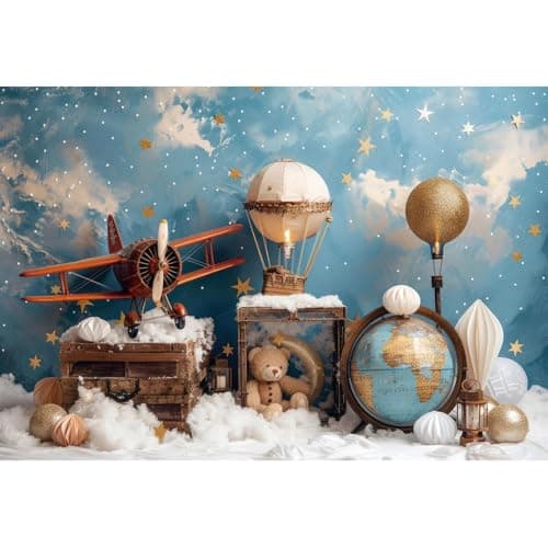 YongFoto Travel Adventure Theme Backdrop 5x3ft Cute Clouds Sky Stars Bear Globe Photography Background Adventure Awaits Baby Shower Girl Boy 1st 2nd Birthday Party Banner Kids Portraits Photoshoot
