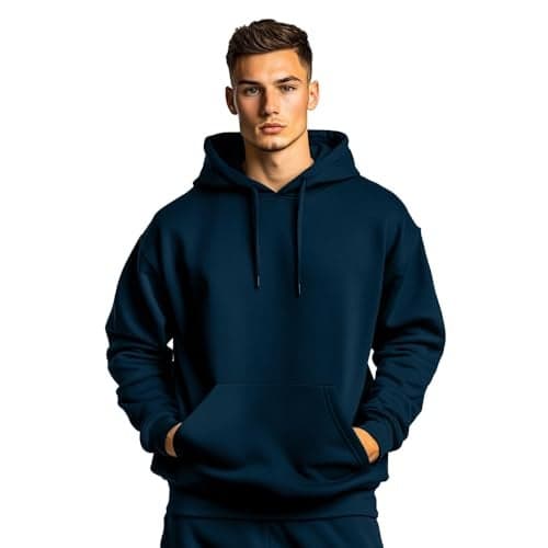 NOBERO Men's Cotton Neck Hooded Oversized Sweatshirt (1M-TWRH-C0737_Navy Blue 4_Large)