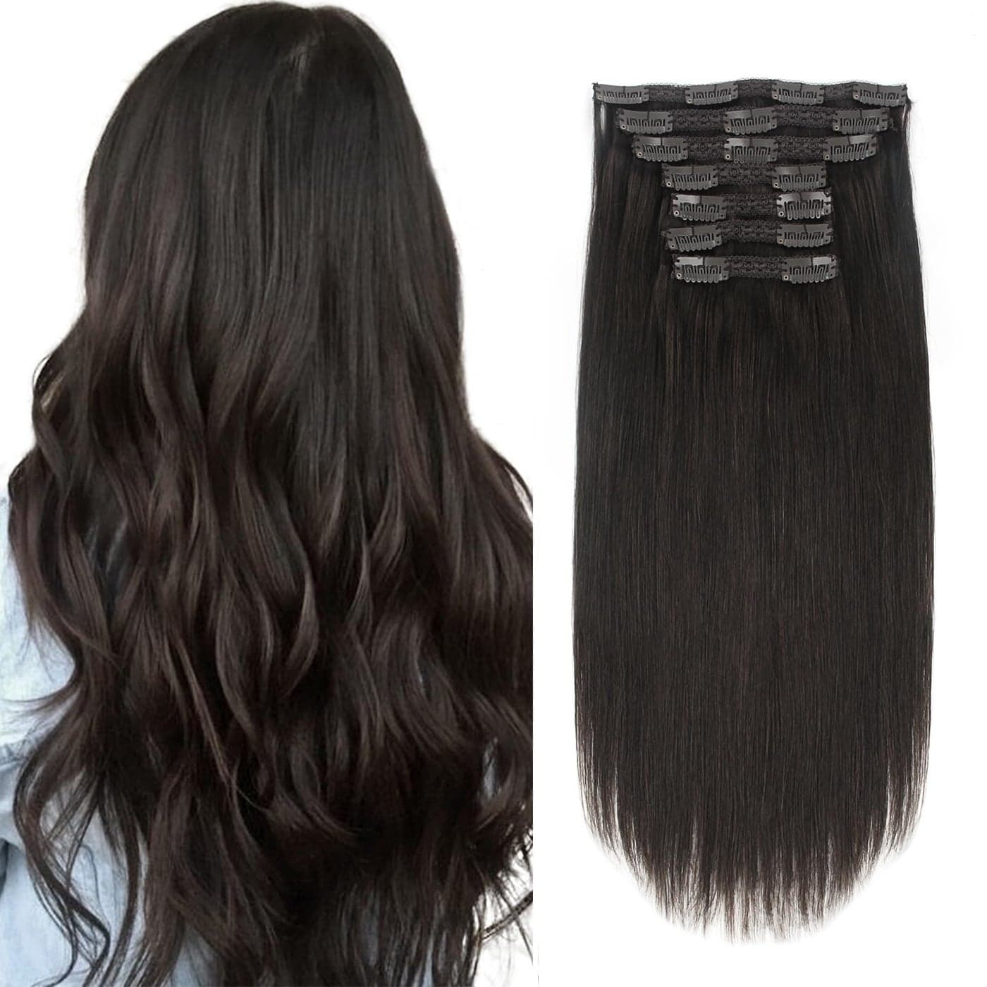 Sixstarhair Clip In Hair Extensions Remy Human Hair Off Black extensions Clip In Extensions 140g Per Pack Hair Extensions for Full Head 7 Pieces Color 1B Off Black 16inch
