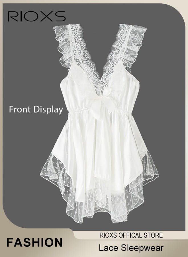 Women's Lace Satin Sleeveless Night Gown, Ladies Nightgown, Camisole Nightdress, Comfy Sleepwear For Female, Breathable and Cool Fabric for Home Wear, Livingroom, Travel, Easy to Catch, Solid White