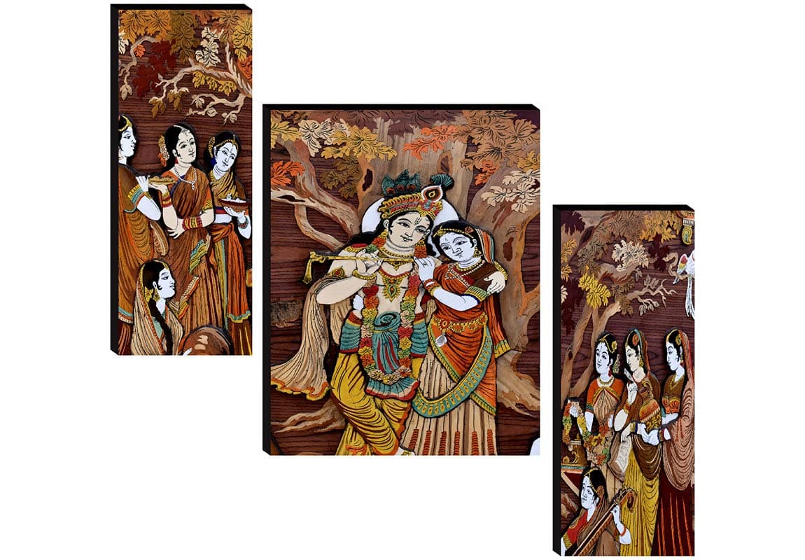 SAF paintings Set of 3 Radha krishna with gopiya wall painting home décor items paintings for living room with frame wall décor painting 12 inch X 18 inch SAF-JM31064