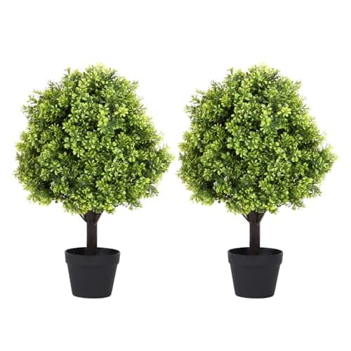 Azoco 27“ Realistic Artificial Boxwood Topiary Trees Set of 2, Faux Plants Outdoor UV-Resistant, Fake Evergreen Bushes & Shrubs for Front Porch Outside Planter Decor