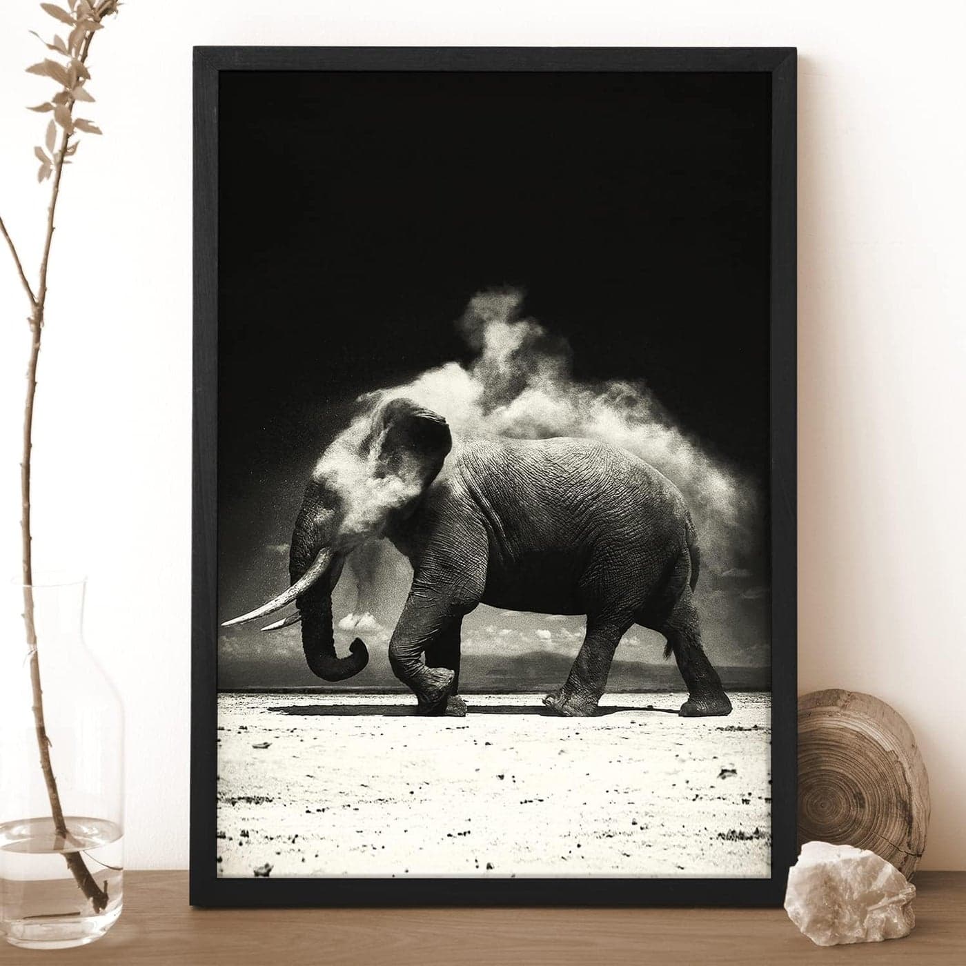 Ritwikas Abstract of Elephant Dark Sky Clouds Fogg Digital Print Wall Painting With Black Frame For Home Office Decor With Glass Size 135 x 195 inch Set of 1 Multi Colour