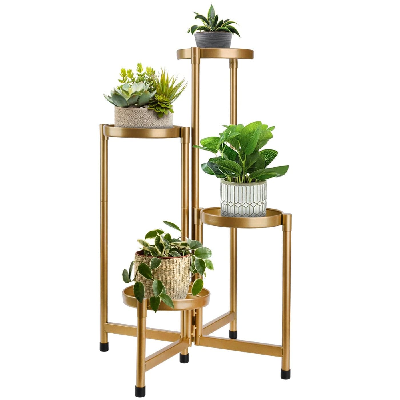 HOEGMST 4 Tier Plant Stand Indoor Outdoor 31 Inch Tall Metal Plant Shelf Waterproof Plant Holder with Folding Design For Home Living Room New Upgrate Gold