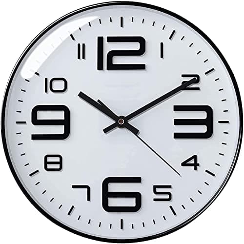TEKCOOL Wall Clock 12" Silent Quartz Decorative Latest Wall Clock Non-Ticking Classic Clock Battery Operated Round Easy To Read For Room/Home/Kitchen/Bedroom/Office/School -Analog, Plastic White black