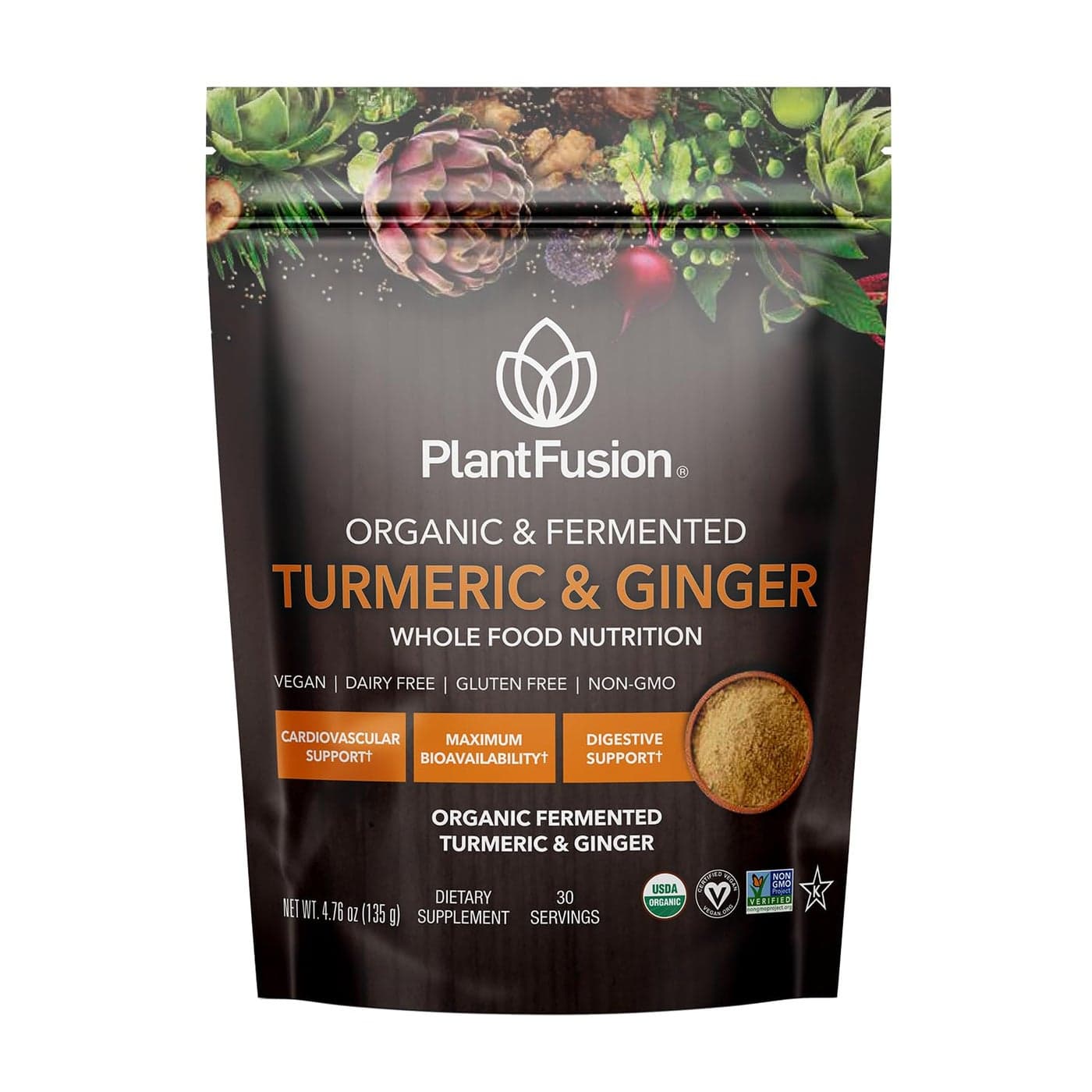 PlantFusion Turmeric and Ginger Drink Mix Fermented Whole Food Nutrition Herbal Supplement Powder with Curcuminoids USDA Certified Organic NonGMO Vegan GlutenFree 476 oz 30 Servings