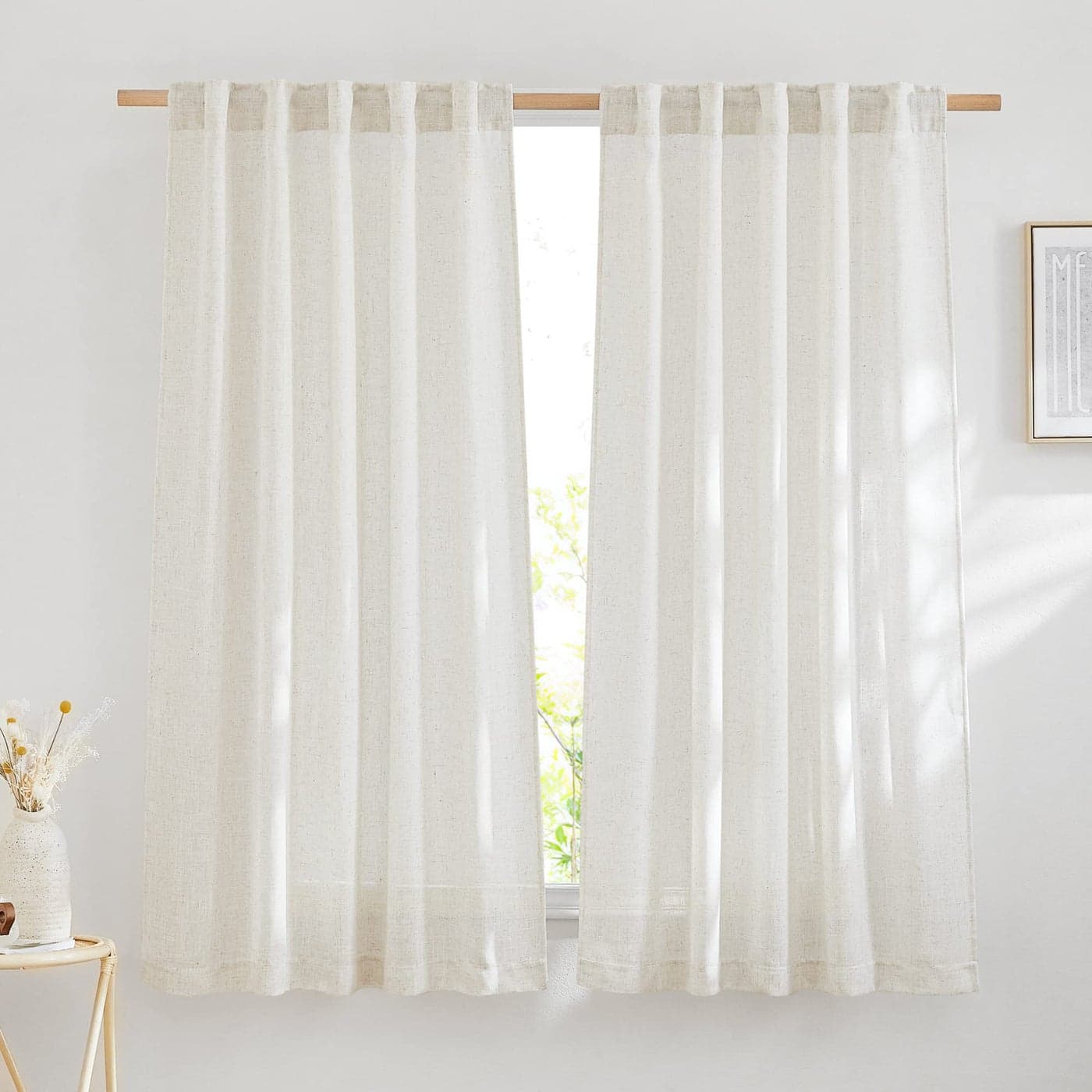 NICETOWN Semi Sheer Curtains 72 inches Long Linen Blend Rod Pocket Back Tab Window Treatments Privacy with Light Penetration Bedroom Curtains for LoftVilla Natural W52 x L72 2 Panels