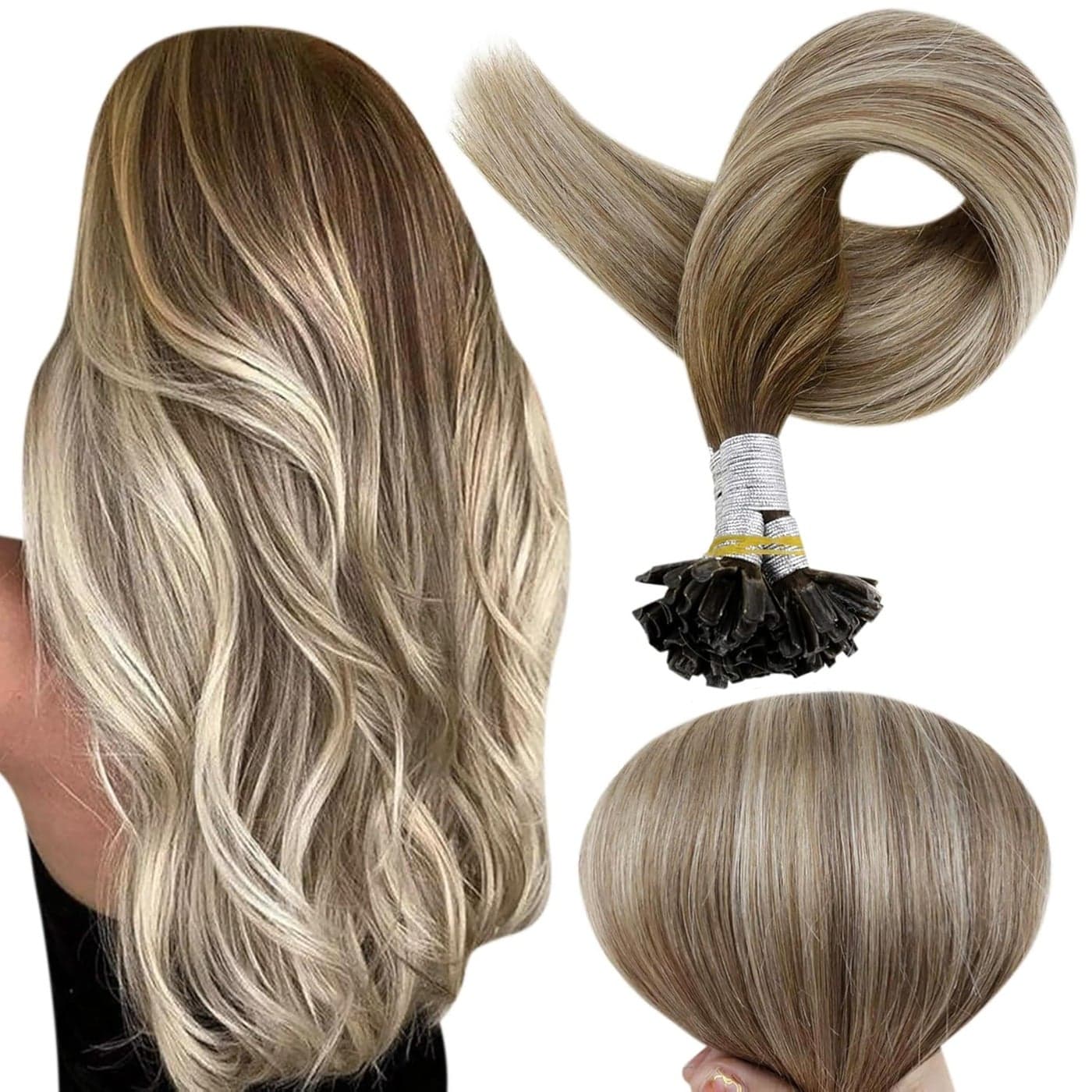 Full Shine U Tip Hair Extensions Human Hair Color 3 Meidum Brown Ombre to 8 Ash Brown and 22 Honey Blonde 16 Inch 50 Grams K Tip Hair Extensions ReaL Human Hair for Women add Volume
