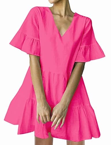 FANCYINN Women’s Pink Cute Shift Tunic Dress Short Bell Sleeve V Neck Causal Swing Red Ruffle Mini Dress with Pockets Pink XS