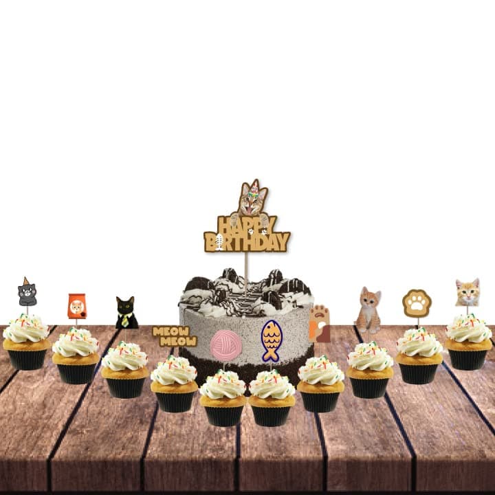 Festiko® 11 Pcs Happy Meowday Cake & Cupcake Toppers, Cat Birthday Cake Topper, Cat Birthday Supplies, Pet Birthday Decoration