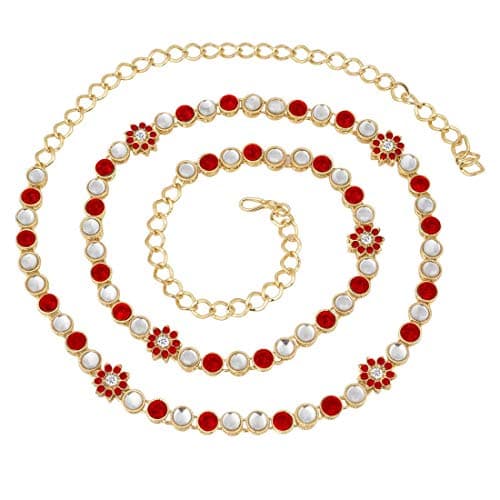 I Jewels Gold Plated Traditional Ethnic Kundan And Stone Studded Adjustable Kamarband/Belly Chain/Kandora/Waist Belt For Women (Red)